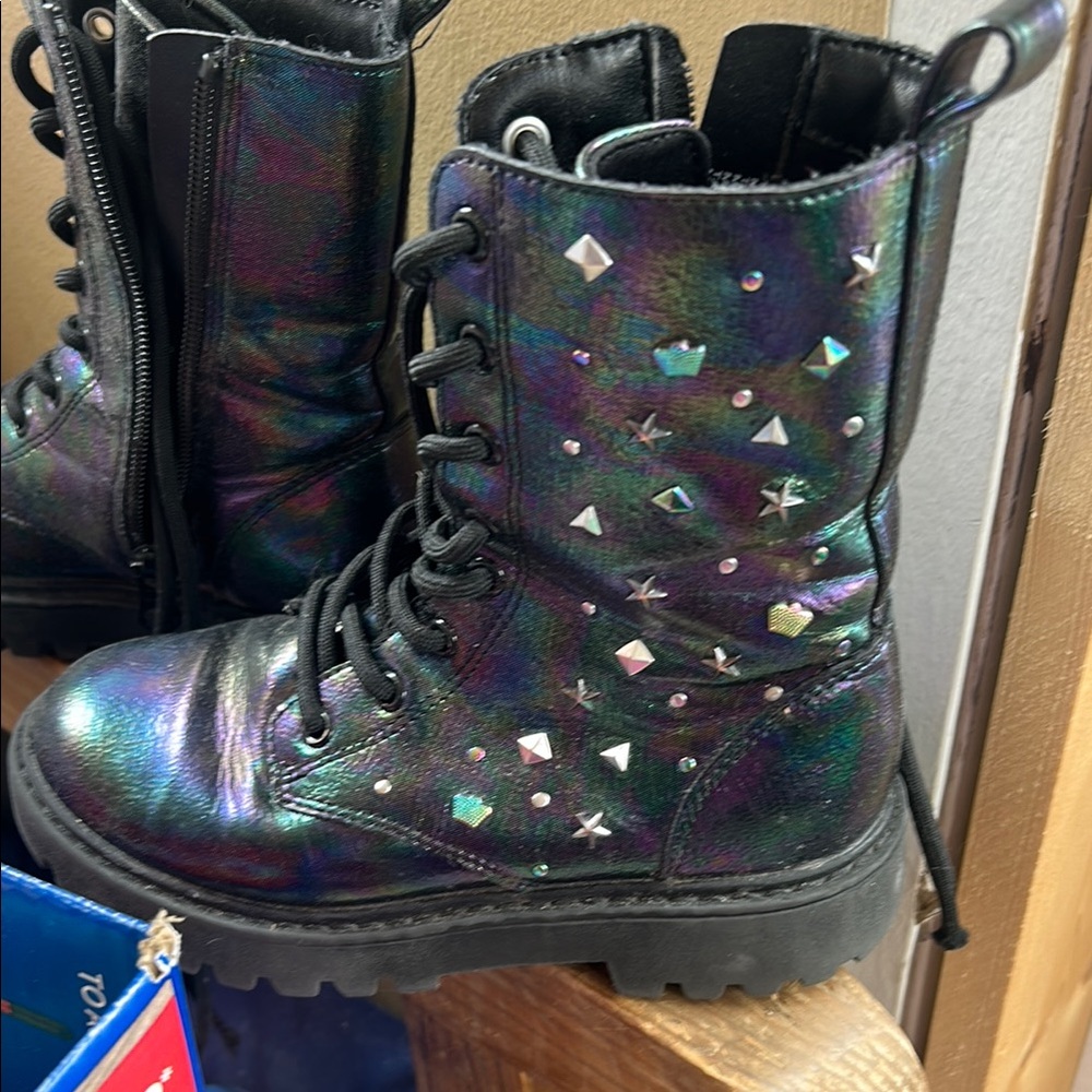 Kids Holographic Combat Boots with Studs